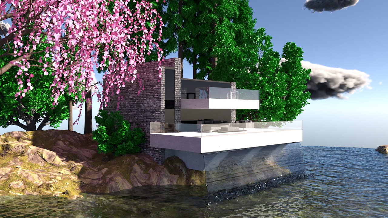 Rendered scene of a modern house on a rocky island, with a cherry blossom tree and ocean water, made in Blender